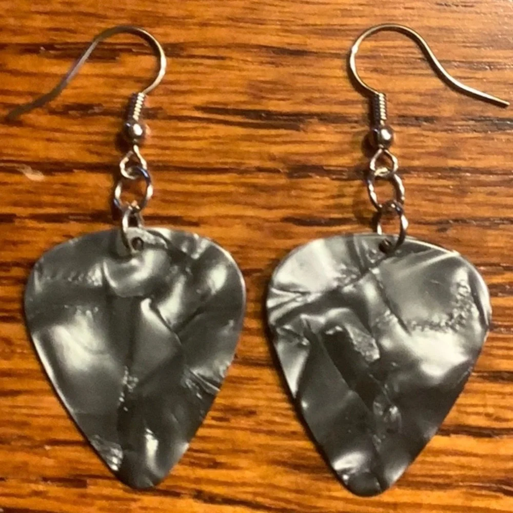Black Pearlescent Guitar Pick Earrings Unisex New